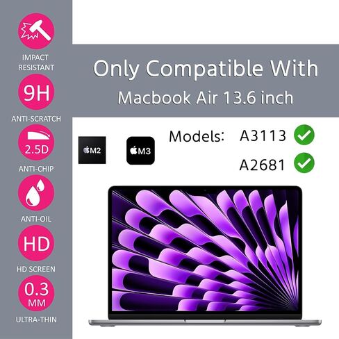 واقي شاشة من الزجاج المقوى من MUBUY-GOL متوافق مع جهاز MacBook Air 13.6 بوصة 2024-2022 M3 A3113 M2 A2681، صلابة 9H مضادة للخدش وبصمات الأصابع in Saudi Arabia