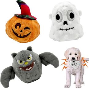 3Pcs Halloween Dog Squeaker Toys - Durable Plush Pet Audible Toys,Pumpkin Ghost Bat Shape Dog Ball Toy for Small to Large Dogs (Halloween)