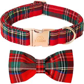 Tunkoo Christmas Dog Collar with Bow Tie - Super Cute Red Cotton Plaid Puppy Collar, Adjustable Available in Small Medium Large for Girls Boys Dogs, S