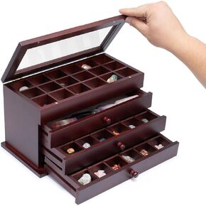 Adjustable Rock Display Case - Rock Collection Box with Fabric Bed for Rock and Mineral Display - Dark-Finish Shadow Box with Shelves for Crystal Storage - Display Cases for Collectibles (Large)
