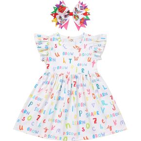 IMEKIS Toddler Kids Girls Back to School Dress with Hair Bow Pencil Print Kindergarten First Day of School Outfit 4-7T