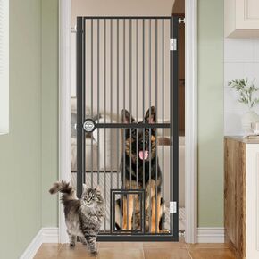 61" Extra Tall Cat Gate for Doorway, Adjustable Wide 30.2"-32.6" Dog Door with Cat Door, Suitable for Doorways or Kitchen, No Drilling Pressure Mount Kit, White