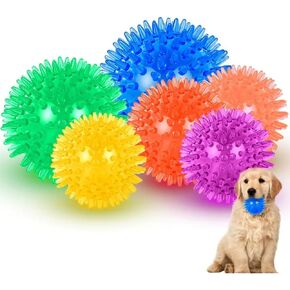 Squeaky Dog Toy Balls, 3-Pack, Assorted Colors, Spiky Texture for Dental Health, Durable & Safe Rubber for Teething, Ideal for Training & Playtime (Large), Blue, Orange, Green, Purple