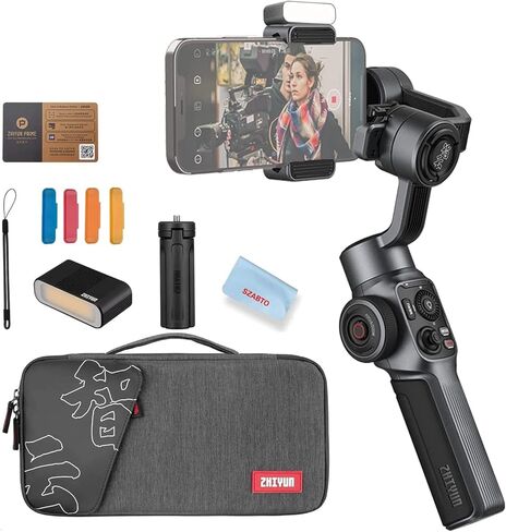 Zhiyun الهاتف الذكي Gimbal Smooth 5 Combo 3-Axis Stabilizer مع حامل ثلاثي القوائم لهاتف iPhone Android المحمول لمدونات الفيديو على YouTube Vlog TikTok Instagram Live Video مع ضوء ملء LED in Kuwait
