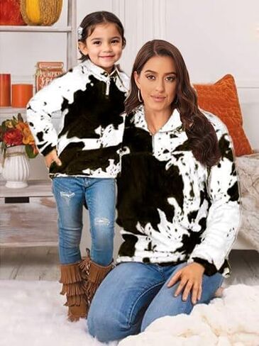EARKOHA Womens Plus Size Long Sleeve Casual Zip Collar Cow Print Fleece jacket Tops in Saudi Arabia