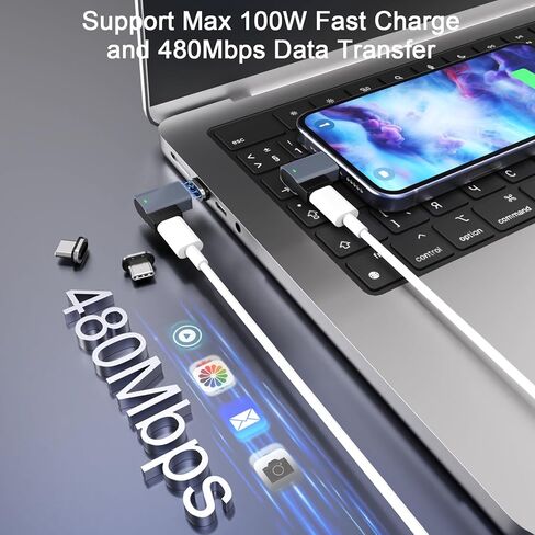 محول مغناطيسي USB C (قطعة واحدة + منفذين ذكر) محول مغناطيسي 11 سنًا بزاوية قائمة من النوع C، يدعم الشحن السريع PD 100 وات، سرعة نقل 480 ميجابت في الثانية، متوافق مع MacBook Pro/Air ومعظم أجهزة USB C in Kuwait