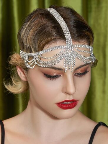 عصابة رأس SWEETV 1920، غطاء رأس Great Gatsby 20s Art Deco إكسسوارات الشعر عصابة رأس فضية in Kuwait