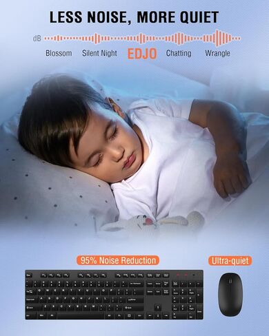 مجموعة لوحة مفاتيح وماوس لاسلكية، ماوس لوحة مفاتيح USB صامت كامل الحجم من EDJO، عمر بطارية طويل، خالي من التأخر، ماوس لوحة مفاتيح لاسلكي 2.4 جيجا هرتز للكمبيوتر والكمبيوتر المحمول والكمبيوتر الشخصي ونظام التشغيل Windows ونظام التشغيل Chrome in Kuwait