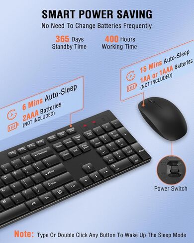 مجموعة لوحة مفاتيح وماوس لاسلكية، ماوس لوحة مفاتيح USB صامت كامل الحجم من EDJO، عمر بطارية طويل، خالي من التأخر، ماوس لوحة مفاتيح لاسلكي 2.4 جيجا هرتز للكمبيوتر والكمبيوتر المحمول والكمبيوتر الشخصي ونظام التشغيل Windows ونظام التشغيل Chrome in Kuwait