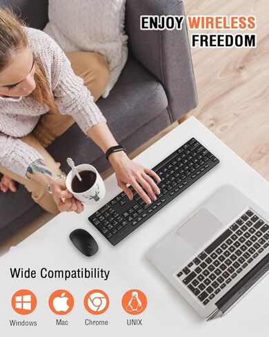 مجموعة لوحة مفاتيح وماوس لاسلكية، ماوس لوحة مفاتيح USB صامت كامل الحجم من EDJO، عمر بطارية طويل، خالي من التأخر، ماوس لوحة مفاتيح لاسلكي 2.4 جيجا هرتز للكمبيوتر والكمبيوتر المحمول والكمبيوتر الشخصي ونظام التشغيل Windows ونظام التشغيل Chrome in Kuwait
