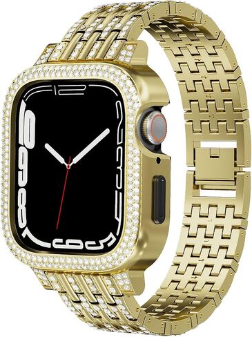 Bling Diamond Face Cover with Sparkle Metal Band Compatible With Apple Watch Series 9 8 7 Luxury Crystal Case Bezel Jewelry Strap Bracelet for iWatch (Gold, 45mm Series 9 8 7) in Kuwait
