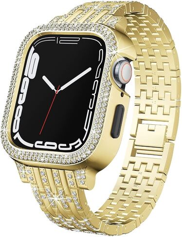 Bling Diamond Face Cover with Sparkle Metal Band Compatible With Apple Watch Series 9 8 7 Luxury Crystal Case Bezel Jewelry Strap Bracelet for iWatch (Gold, 45mm Series 9 8 7) in Kuwait