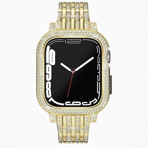 Bling Diamond Face Cover with Sparkle Metal Band Compatible With Apple Watch Series 9 8 7 Luxury Crystal Case Bezel Jewelry Strap Bracelet for iWatch (Gold, 45mm Series 9 8 7) in Kuwait