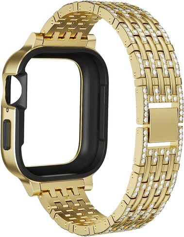 Bling Diamond Face Cover with Sparkle Metal Band Compatible With Apple Watch Series 9 8 7 Luxury Crystal Case Bezel Jewelry Strap Bracelet for iWatch (Gold, 45mm Series 9 8 7) in Kuwait