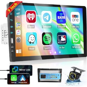 Hikity Single Din Car Stereo Wireless Carplay Android Auto Radio, 9 Inch Car Play Touch Screen with Bluetooth GPS Navigation Mirror Link Backup Camera FM SWC USB