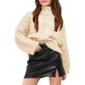 Haloumoning Girls Turtleneck Sweaters Kids Long Batwing Sleeve Chunky Knit Pullover Jumper 5-14 Years