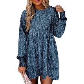 Dokotoo Womens Fall Tunic Dress Casual Loose Floral Print Long Sleeve Crew Neck Flowy Swing Mini Shift Dresses
