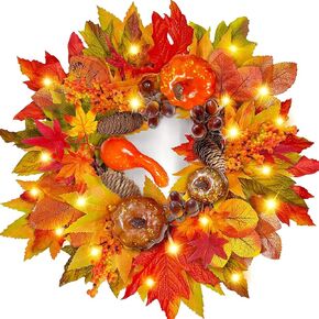 [Prelit & Timer]16 Inch 20 LED Sunflower Fall Wreaths for Front Door, Fall Door Wreaths Fall Decorations Mixcolor Maples Leafed Pumpkin Pinecone Berry Acorn Thanksgiving Wreath for Home Outdoor Indoor