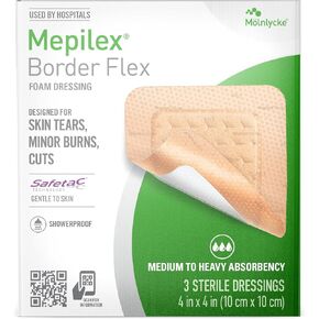 ضمادات Mepilex Border Flex 4 × 4 بوصة (10 × 10 سم) من الدرجة الطبية للتمزقات الجلدية والحروق الطفيفة والجروح، التصاق مقاوم للماء للاستخدام لمدة تصل إلى 7 أيام