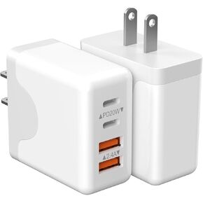 2-Pack USB C Fast Wall Charger Block, 40W 4-Port Fast Charger, 20W Type C Charging Block, 2.4 A USB Wall Charger Dual Port PD Power Adapter + QC Double Wall Plug Multiport Type C Brick Charger