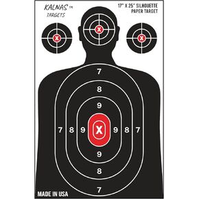 Kalnas Range Shooting Targets,17 x 25 inch, Packs of 25, 50,100 - Silhouette Paper Targets - Ideal for Handguns, Pistols, Rifles - Red Bullseye, Black & White Design - Elevate Your Shooting Experience