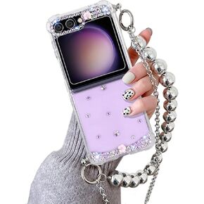Omio Compatible with Samsung Galaxy Z Flip 6 5G Case with Crossbody Chain Strap Bracelet Cute 3D Handmade Sparkle Crystal Diamond Bling Glitter Hard PC Phone Case for Galaxy Z Flip 6 Women Girls Clear
