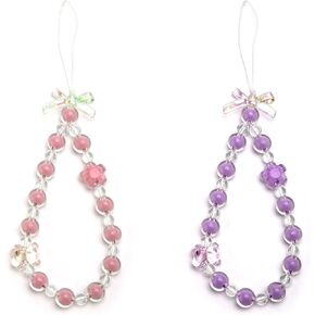 2pcs Beaded Phone Bracelet Strap, Bowknot Flower Camera Phone Charm Pearl Wrist Strap Beaded Phone Bracelet Lanyard Accessories for Women Phone Keychain Charm (Pink, Purple)