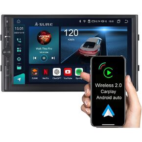 ASURE Double Din Car Stereo Radio with 7 inch Display Screen,Wireless Carplay Android Auto,8core 4+64GB 2Din Android Car in Dash GPS Navigation Head Unit