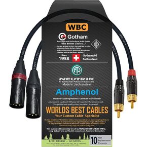 WORLDS BEST CABLES 0.5 Foot - RCA to XLR (Male) Cable Pair – Gotham GAC-4/1 (Black) Star-Quad Audio Interconnect Cable & Amphenol ACPL RCA & Neutrik Male XLR Gold Plugs - Custom Made in Saudi Arabia