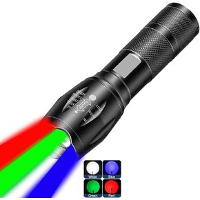Red Flashlight Rechargeable, Green Light Flashlight，Blue Light Flashlight, Multi-Color 4 Color in 1 LED White Red Blue and Green Lights Flash Light, 4 Modes Zoomable for Camping,Outdoors