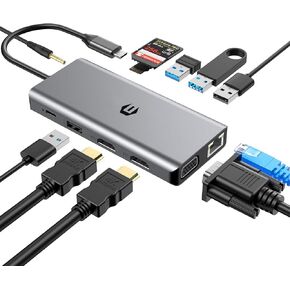 قاعدة توصيل Thunderbolt 3 12 في 1، محطة إرساء USB C، محول محور USB C، شاشات رباعية، HDMI مزدوج 4K، VGA، إيثرنت، USB 3.0، محطة إرساء كمبيوتر محمول 100 واط PD لجهاز USB C in Kuwait