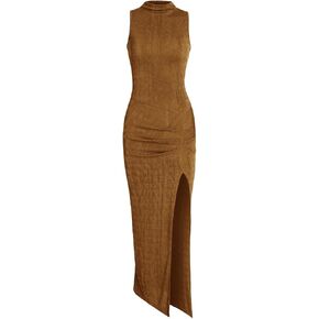 Charfille Women Sexy Semi Sheer Sleeveless Mock Turtleneck Jersey Ruched Thigh Slit Bodycon Maxi Dress for Party Club Night