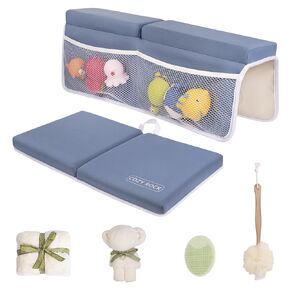 Baby Bath Kneeler and Elbow Rest Pad Set, Kneeling Pad for Bathing Baby and Elbow Pad with Bath Brush and Hand Towel, Bathtub Kneeler and Elbow Rest Set with Organizer - Cozy Green