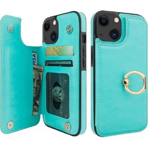 for iPhone 13 Wallet Case with Card Holder, 360° Rotation Ring Kickstand RFID Blocking PU Leather Double Magnetic Clasp Shockproof Cover for Women and Girls 6.1 Inch (Green)