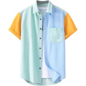 WDIRARA Men's Colorblock Button Down Short Sleeve Pocket Front Shirt Tops