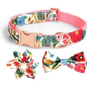 YSHOME&PET Dog Collar with Flower Bow Tie, Cute Floral Adjustable Dog Collar with Metal Buckle D-Ring, Spring Summer Soft Pet Collars for Small Medium Large Boy or Girl Dogs