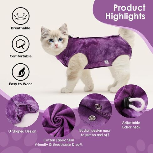SAWMONG Cat Surgery Recovery Suit,Breathable Cat Onesie After Surgery Spay Surgical,E-Collar Alternative Non-Lick Pet Body Suit Purple L in Kuwait