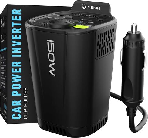 Inskin 150W Car Power Inverter, Cup Holder DC 12V to 110V Converter with 2 AC Outlets, 1 USB-A & 2 USB-C Charging Ports, 1 Cigarette Lighter Socket for Laptops, Smartphones, Tablets - Black in Saudi Arabia
