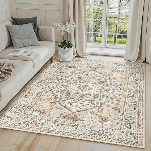 Area Rugs 5x7 Washable Rug 5x7 Area Rugs for Living Room, Stain Resistant 5x7 Rug, Non-Slip Backing Rugs for Bedroom, Bathroom, Kitchen, Printed Vintage Floral Carpet(5x7,Beige) in Saudi Arabia