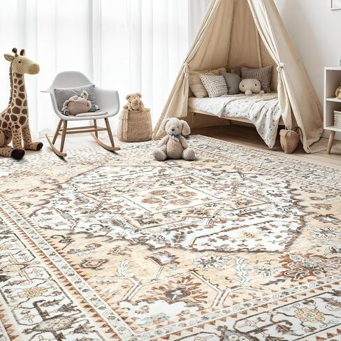Area Rugs 5x7 Washable Rug 5x7 Area Rugs for Living Room, Stain Resistant 5x7 Rug, Non-Slip Backing Rugs for Bedroom, Bathroom, Kitchen, Printed Vintage Floral Carpet(5x7,Beige) in Saudi Arabia
