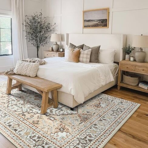 Area Rugs 5x7 Washable Rug 5x7 Area Rugs for Living Room, Stain Resistant 5x7 Rug, Non-Slip Backing Rugs for Bedroom, Bathroom, Kitchen, Printed Vintage Floral Carpet(5x7,Beige) in Saudi Arabia