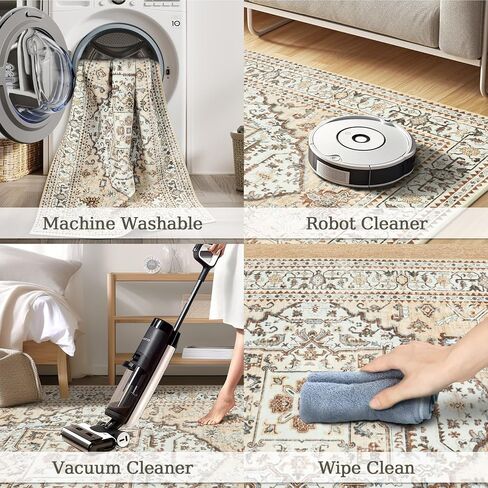 Area Rugs 5x7 Washable Rug 5x7 Area Rugs for Living Room, Stain Resistant 5x7 Rug, Non-Slip Backing Rugs for Bedroom, Bathroom, Kitchen, Printed Vintage Floral Carpet(5x7,Beige) in Saudi Arabia