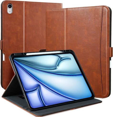 حافظة لجهاز iPad Air 13 بوصة 2024 M2 A2898 A2899 A2900 مع حامل قلم رصاص وجيب وحزام يد، غطاء حامل مغناطيسي من جلد البولي يوريثان متوافق مع iPad Air 13 M2 2024، بني in Saudi Arabia