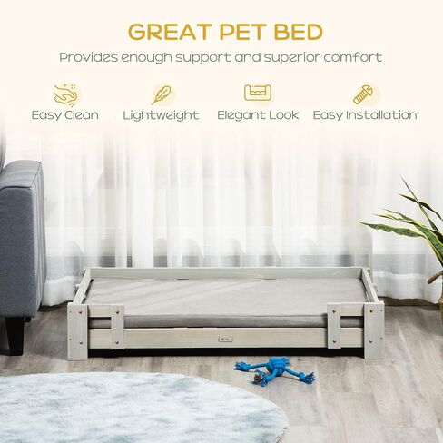 سرير PawHut كبير للكلاب مع وسادة إسفنجية ناعمة، وأريكة خشبية للكلاب بسطح واسع، مرتفع، رمادي داكن in Kuwait
