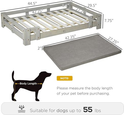 سرير PawHut كبير للكلاب مع وسادة إسفنجية ناعمة، وأريكة خشبية للكلاب بسطح واسع، مرتفع، رمادي داكن in Kuwait