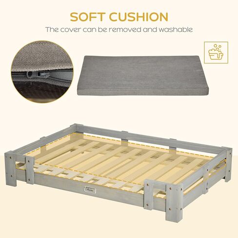 سرير PawHut كبير للكلاب مع وسادة إسفنجية ناعمة، وأريكة خشبية للكلاب بسطح واسع، مرتفع، رمادي داكن in Kuwait