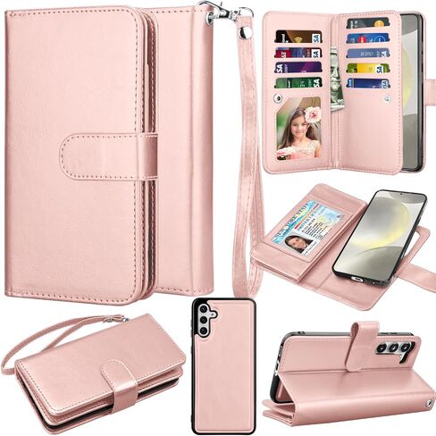 حافظة محفظة Takfox لهاتف سامسونج جالاكسي S24 بلس، حافظة جالاكسي S24 بلس، حافظة هاتف حامل بطاقة الائتمان من جلد البولي يوريثان [9 فتحات للبطاقات] غطاء مغناطيسي قابل للفصل ومسند وحزام حمل - ذهبي وردي in Kuwait