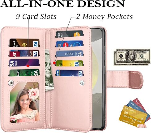 حافظة محفظة Takfox لهاتف سامسونج جالاكسي S24 بلس، حافظة جالاكسي S24 بلس، حافظة هاتف حامل بطاقة الائتمان من جلد البولي يوريثان [9 فتحات للبطاقات] غطاء مغناطيسي قابل للفصل ومسند وحزام حمل - ذهبي وردي in Kuwait