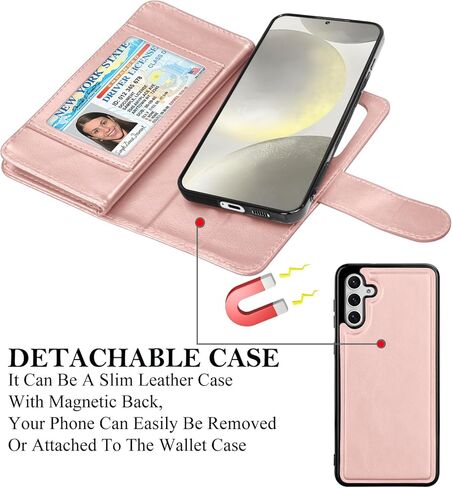 حافظة محفظة Takfox لهاتف سامسونج جالاكسي S24 بلس، حافظة جالاكسي S24 بلس، حافظة هاتف حامل بطاقة الائتمان من جلد البولي يوريثان [9 فتحات للبطاقات] غطاء مغناطيسي قابل للفصل ومسند وحزام حمل - ذهبي وردي in Kuwait