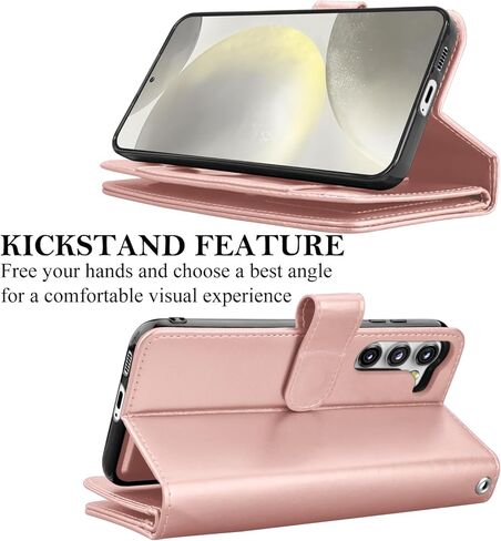 حافظة محفظة Takfox لهاتف سامسونج جالاكسي S24 بلس، حافظة جالاكسي S24 بلس، حافظة هاتف حامل بطاقة الائتمان من جلد البولي يوريثان [9 فتحات للبطاقات] غطاء مغناطيسي قابل للفصل ومسند وحزام حمل - ذهبي وردي in Kuwait